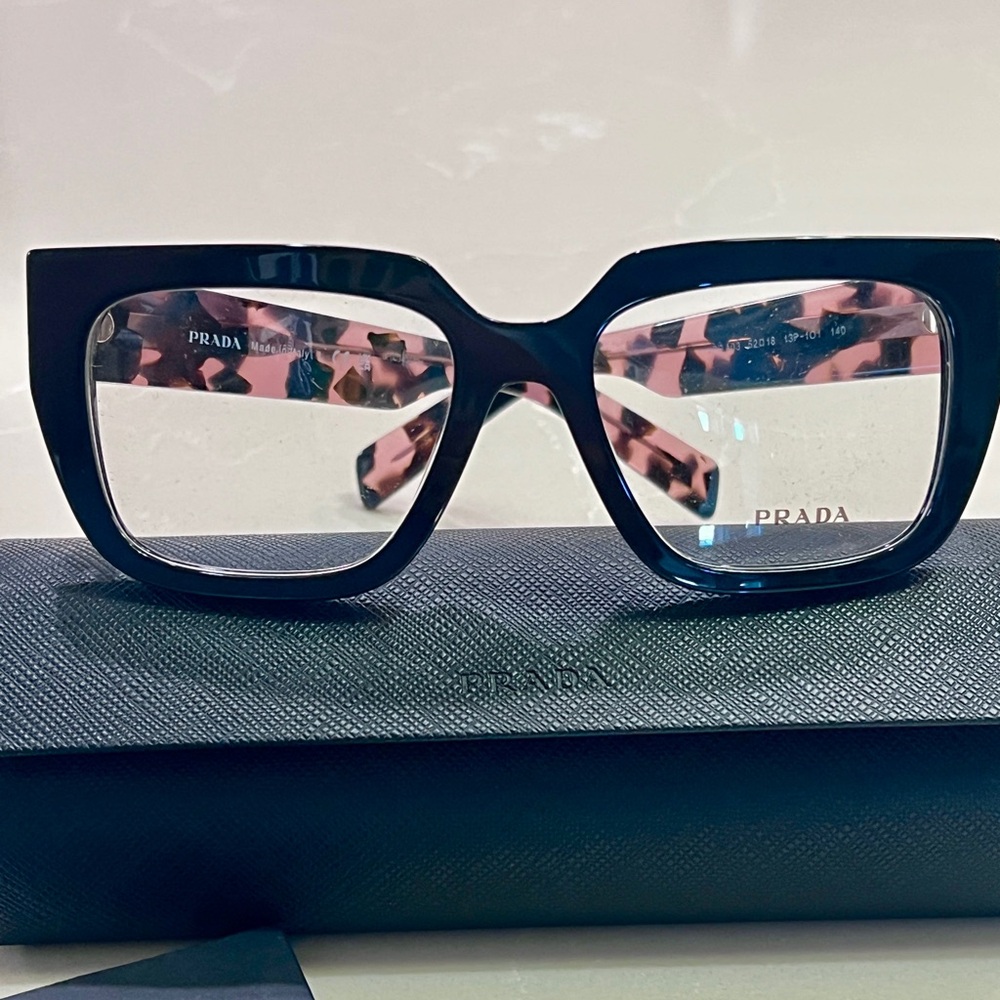 Prada Pink and Black Tortoiseshell Logo RX Glasses Authentic